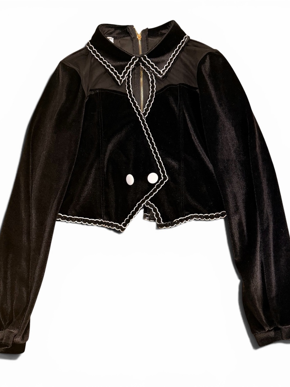 Womens Black Velvet Cropped Blazer with White Scalloped Trim